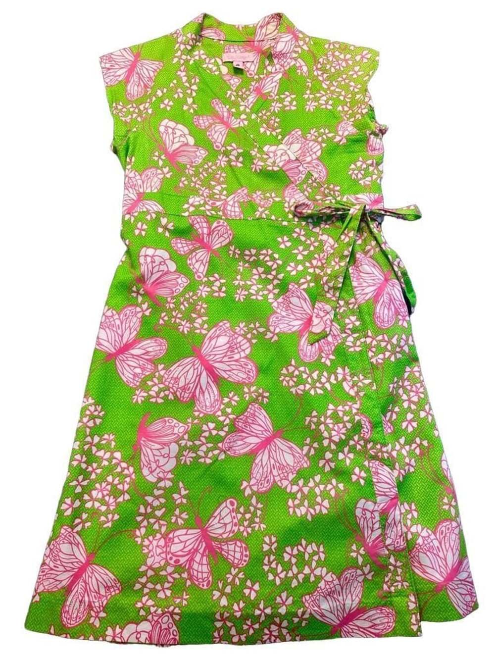 Lilly Pulitzer Green Pink Butterfly Floral Print Wrap Party Resort Dress Size 14